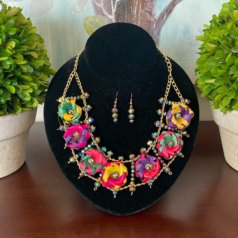 MEXICAN HANDCRAFTED JEWELRY SET FLORAL PALM LEAF MULTICOLOR NECKLACE & EARRINGS
